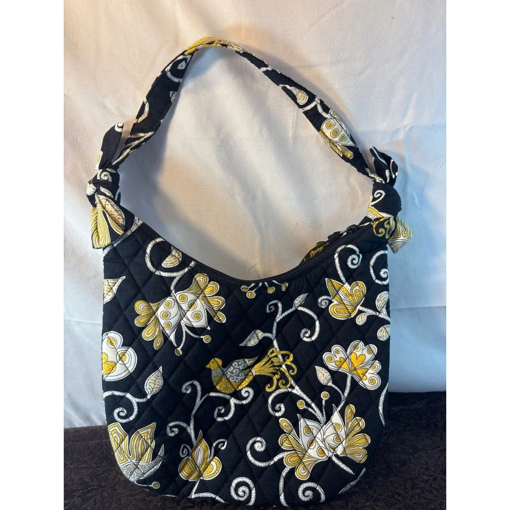 Vera‎ Bradley Night Owl Quilted Cotton Hobo Bag Black Yellow Bird Floral Print